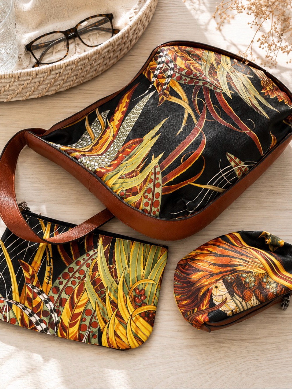 3 Piece Salvatore Ferragamo Crossbody Bag With Pochette And Mini Pouch.